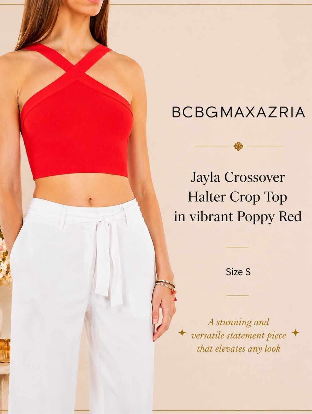 BCBGMAXAZRIA Jayla Crossover Halter Crop Top in Vibrant Poppy Red – Size S